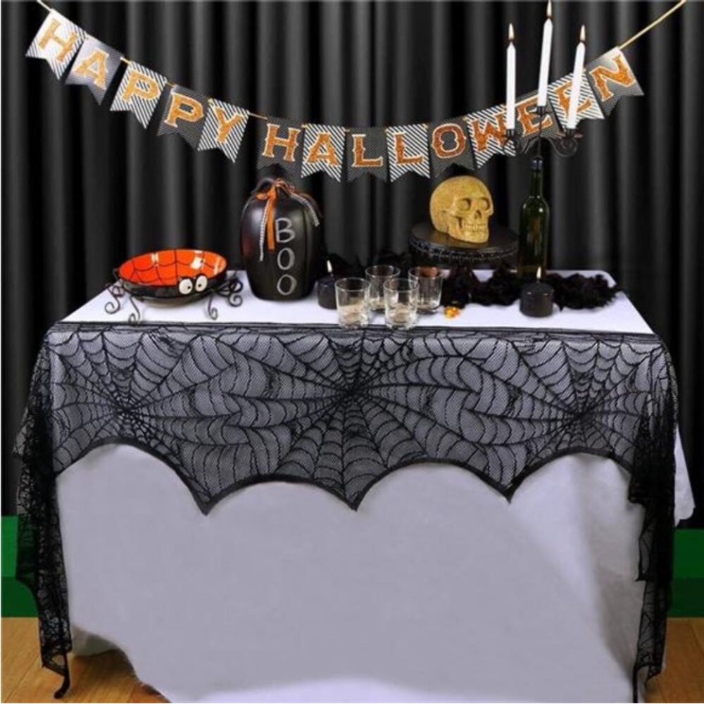 Black Lace Spiderweb Mantle Scarf - Halloween Fireplace Cover, 45 x 243cm